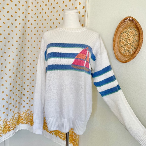 Vintage 80s Sailboat Nautical Sweater - Picture 1 of 7